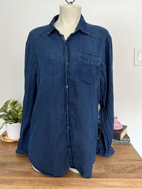 Yellow Denim Chambray Button Down Shirt XL Boho Trim Cotton